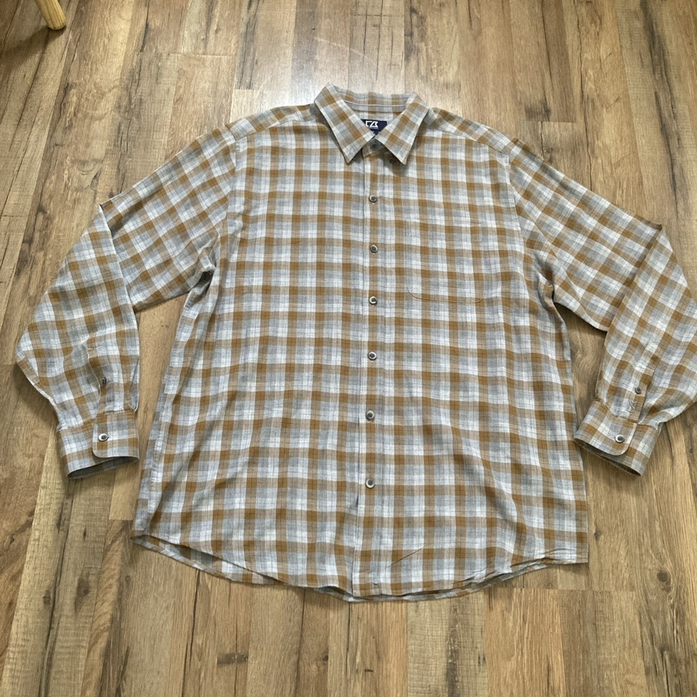 Cutter & Buck Mens Large Gray Plaid Button Down Long Sleeve Office Work